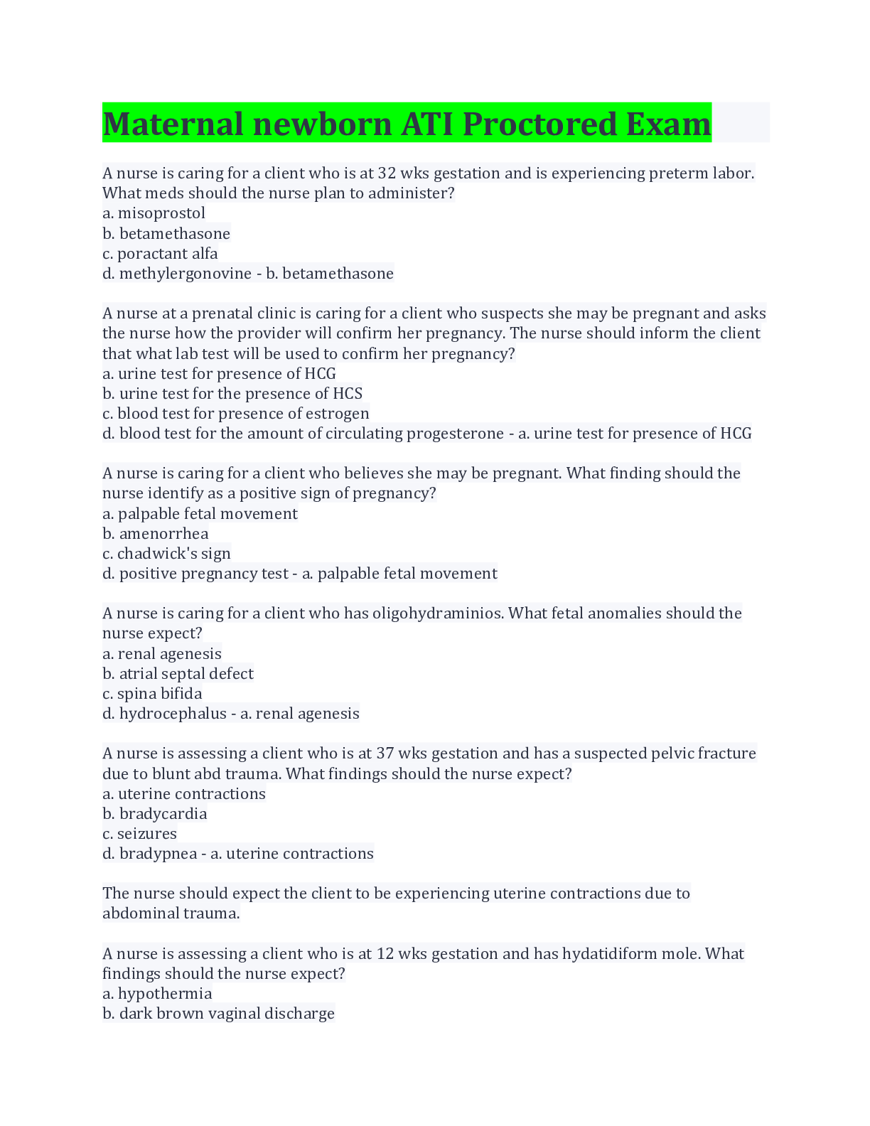 Preview image for Maternal newborn ATI Proctored Exam Questions And Answers With Complete Solution